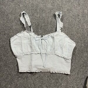 Ruffled Cam Top Women's Medium Striped Blue and White Babydoll Crop Top Milkmaid